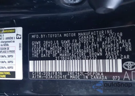 2009 Toyota Corolla Le z USA, uszkodzony, nr VIN 2T1BU40E59C167232